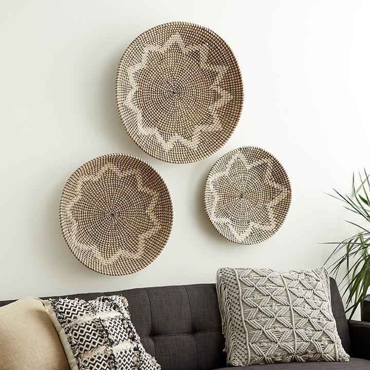 Best Seller Amazon Set of 3 Round Natural Seagrass Starburst Wall Decor Hand Woven Plates Living Room Decor