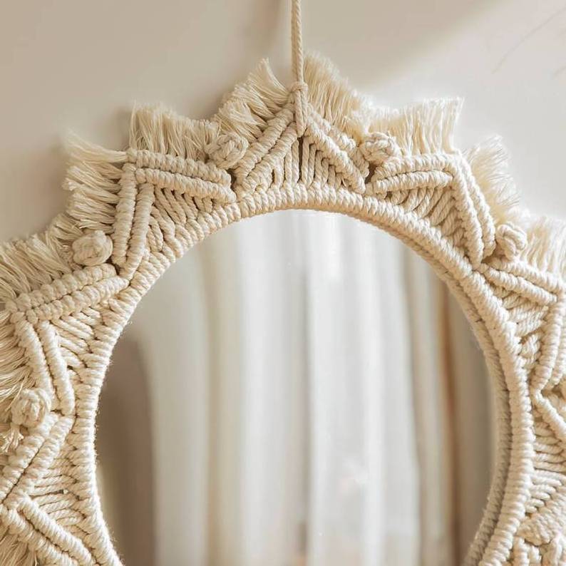 Hot Collection Boho Round Macrame Mirror Circle Decorative Wall Hanging for Chic Interiors Living Room Bedroom