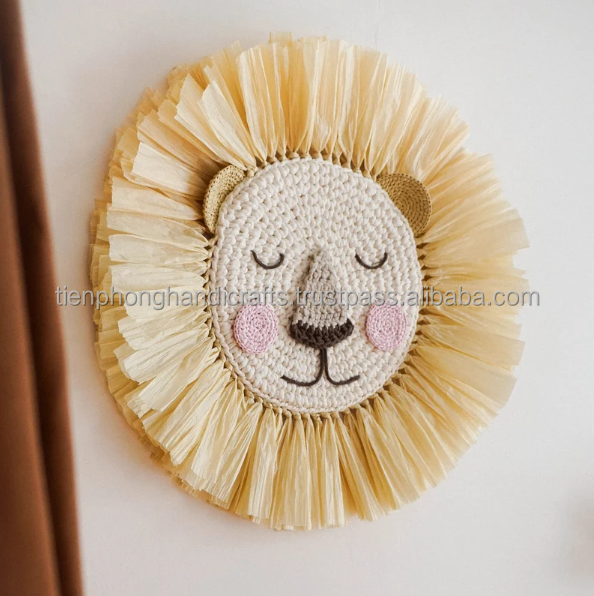 Yellow Lion Seagrass With Pink Cheeks | Cute Kid Toy, Decorative Wall Hanging, Nursery Decor, Eco-friendly Gift for Kid