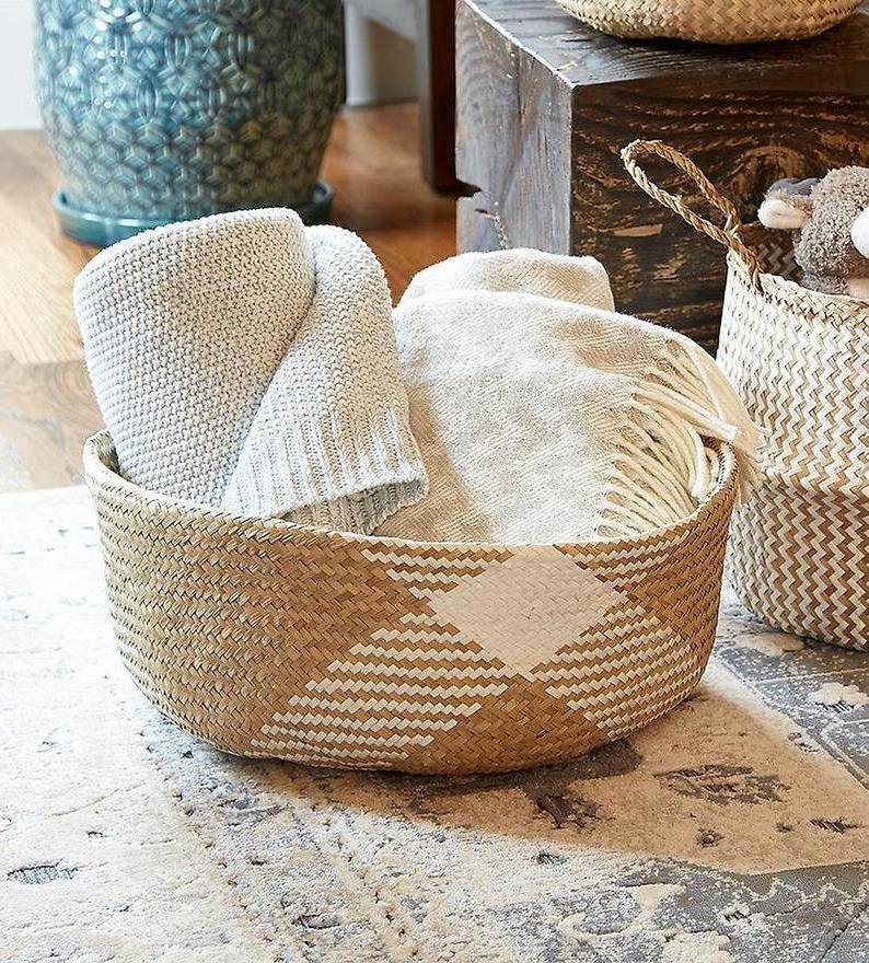 SALE! Boho Seagrass Belly Basket - Large White Patterned, Modern Foldable Indoor Planter, Woven Planter Pot Decor Living Room