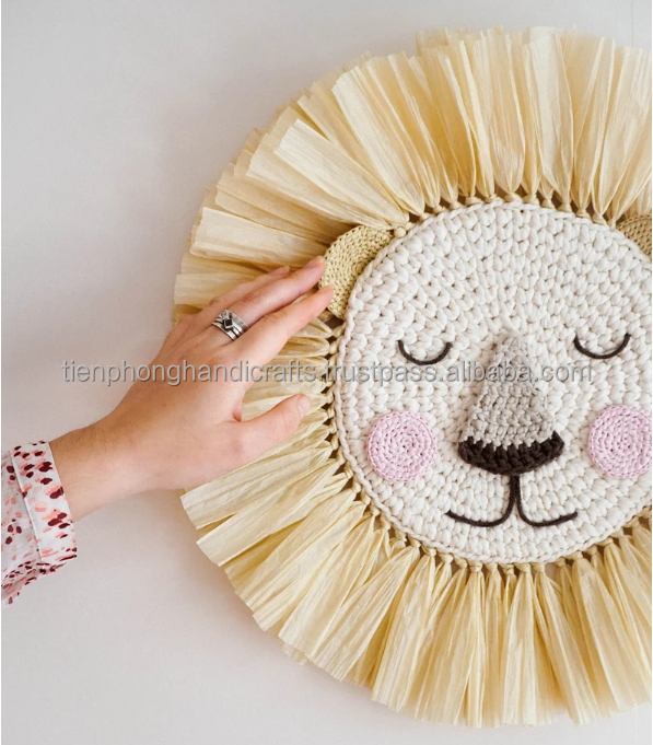 NEW PRODUCT Blond Lion Seagrass Wall Hanging for Home Decorative Kid Toy | Crochet Lion Head Boho Nursery Decor