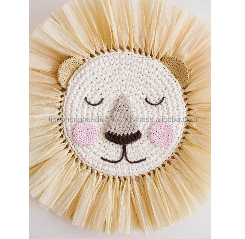 NEW PRODUCT Blond Lion Seagrass Wall Hanging for Home Decorative Kid Toy | Crochet Lion Head Boho Nursery Decor