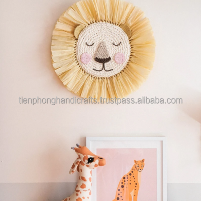 NEW PRODUCT Blond Lion Seagrass Wall Hanging for Home Decorative Kid Toy | Crochet Lion Head Boho Nursery Decor