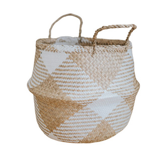 SALE! Boho Seagrass Belly Basket - Large White Patterned, Modern Foldable Indoor Planter, Woven Planter Pot Decor Living Room