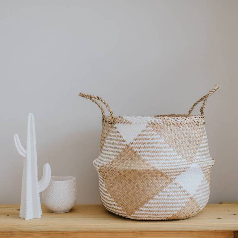 SALE! Boho Seagrass Belly Basket - Large White Patterned, Modern Foldable Indoor Planter, Woven Planter Pot Decor Living Room