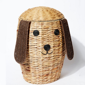 2021 Best Selling Big woven Storage Baskets Cute Dog Water Hyacinth Laundry Basket with lid