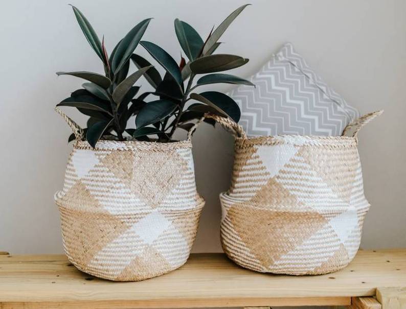 SALE! Boho Seagrass Belly Basket - Large White Patterned, Modern Foldable Indoor Planter, Woven Planter Pot Decor Living Room