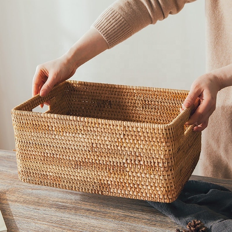 3 Sizes Rattan Tray with Rattan Coaster Small Serving Tray Wicker Basket with Handles Made In Vietnam TienPhong Handicrafts