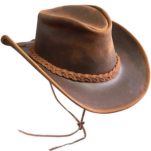 Men's Vintage Aussie Style Western Bush Cowboy Crazy Hat With Chin Cord Unisex Top quality Real Leather Hat Brown