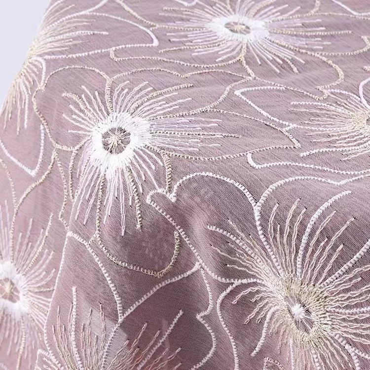 Factory Wholesale Simple Flower Embroidery Lace Fabric Nude Mesh Fabric for Dresses