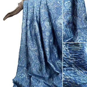 Blue Color Vincent van Gogh Starry Sky Metallic knitted jacquard spandex silk lurex fabric