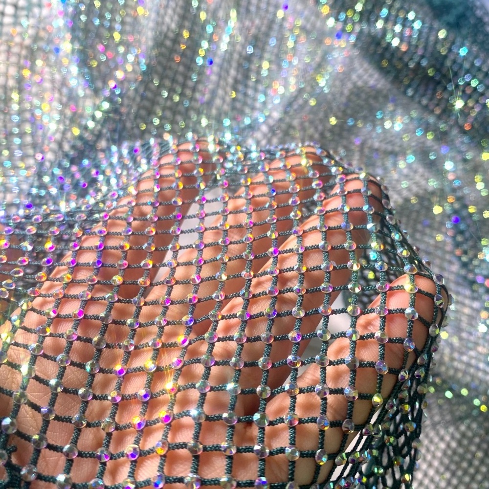 Stock Sale High grade fashion elastic mesh rhinestone fabric for evening dress