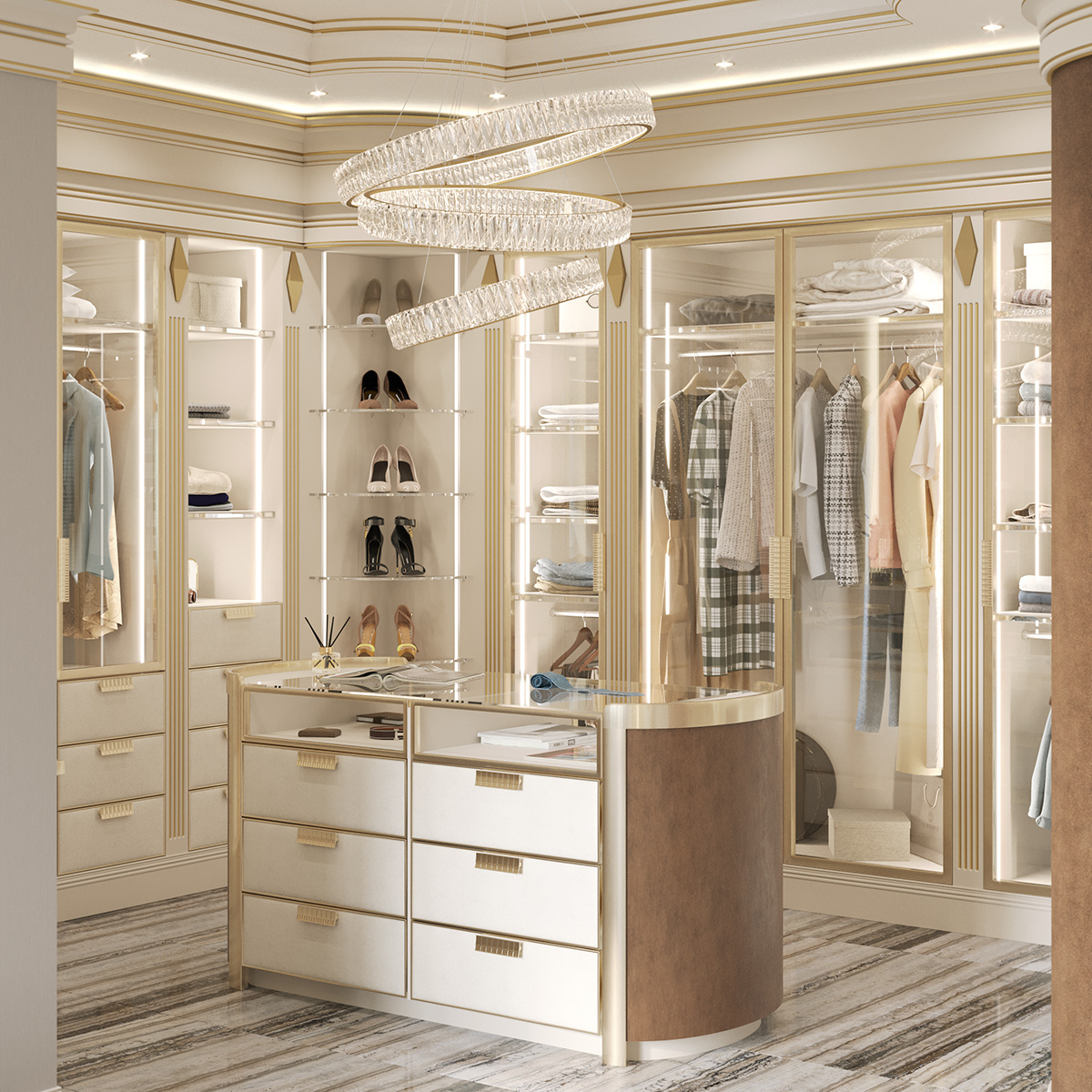 Luxury High Quality Product Italian Wood Precious Rialto Walk In Closet Wardrobe For Clothes And Accessories