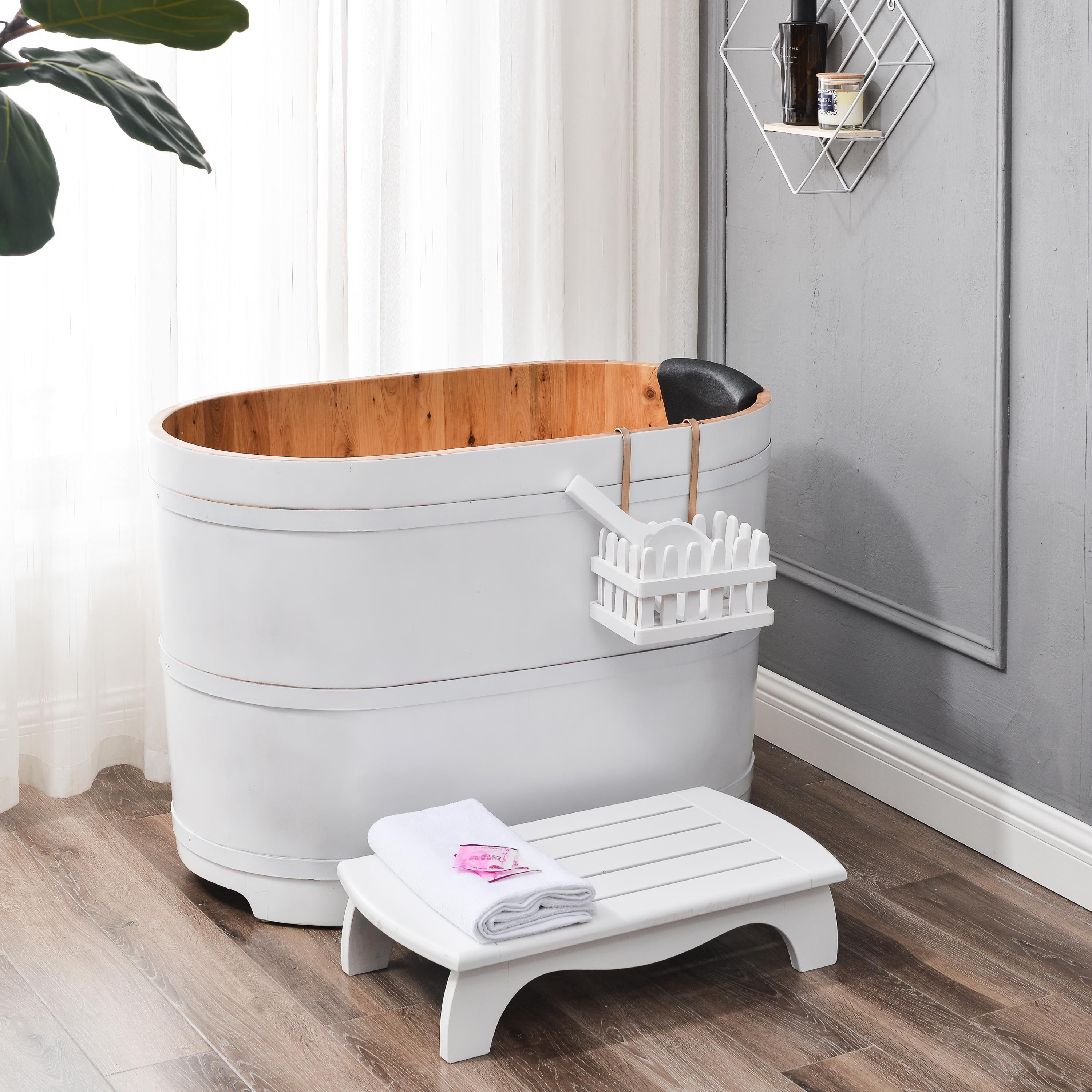 Freestanding Fashionable Sauna Hinoki Wooden Bathtubs White Hot Tubs Hot Sale Mini 1.1m/1.0m Factory Price