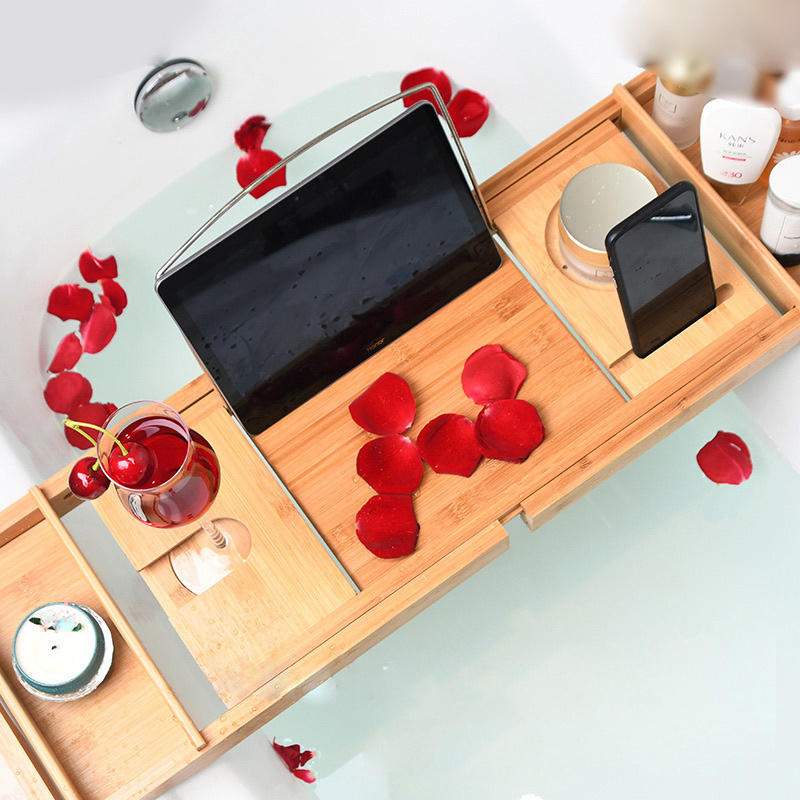 bamboo bathtub serving tray tubs removable Caddy shelf stock extending sides with book wine and phone