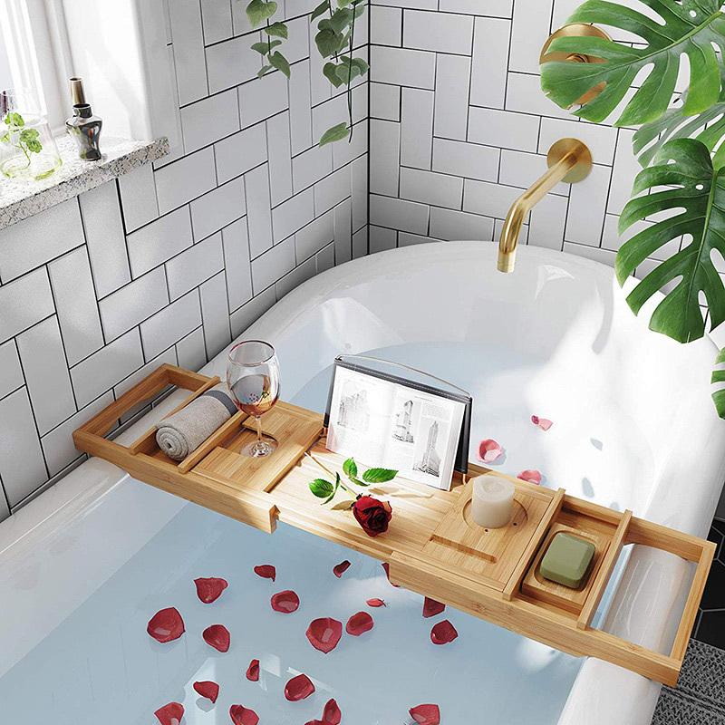 bamboo bathtub serving tray tubs removable Caddy shelf stock extending sides with book wine and phone