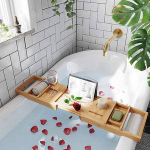 bamboo bathtub serving tray tubs removable Caddy shelf stock extending sides with book wine and phone