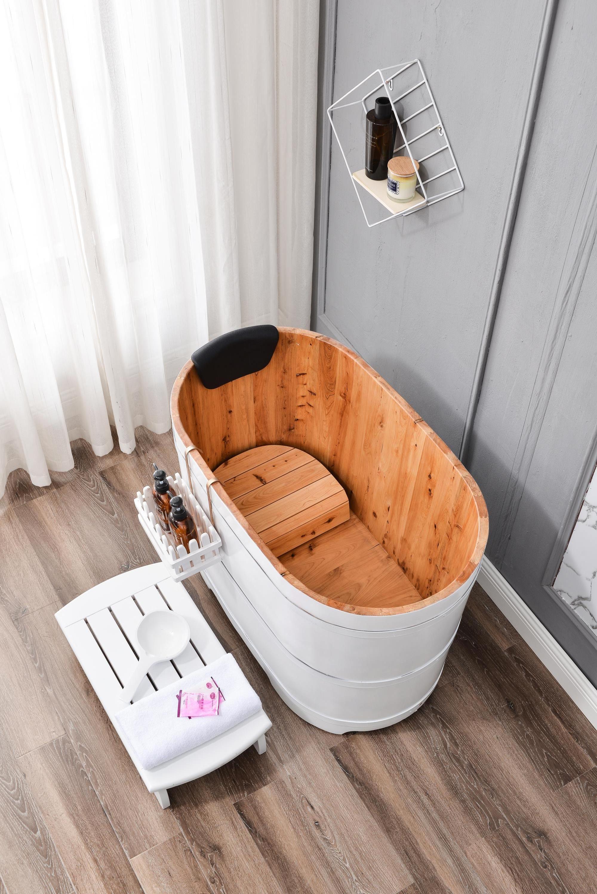 freestanding fashionable sauna hinoki wooden bathtubs white hot tubs hot sale mini 1.1M/1.0M factory price oval bathtubs