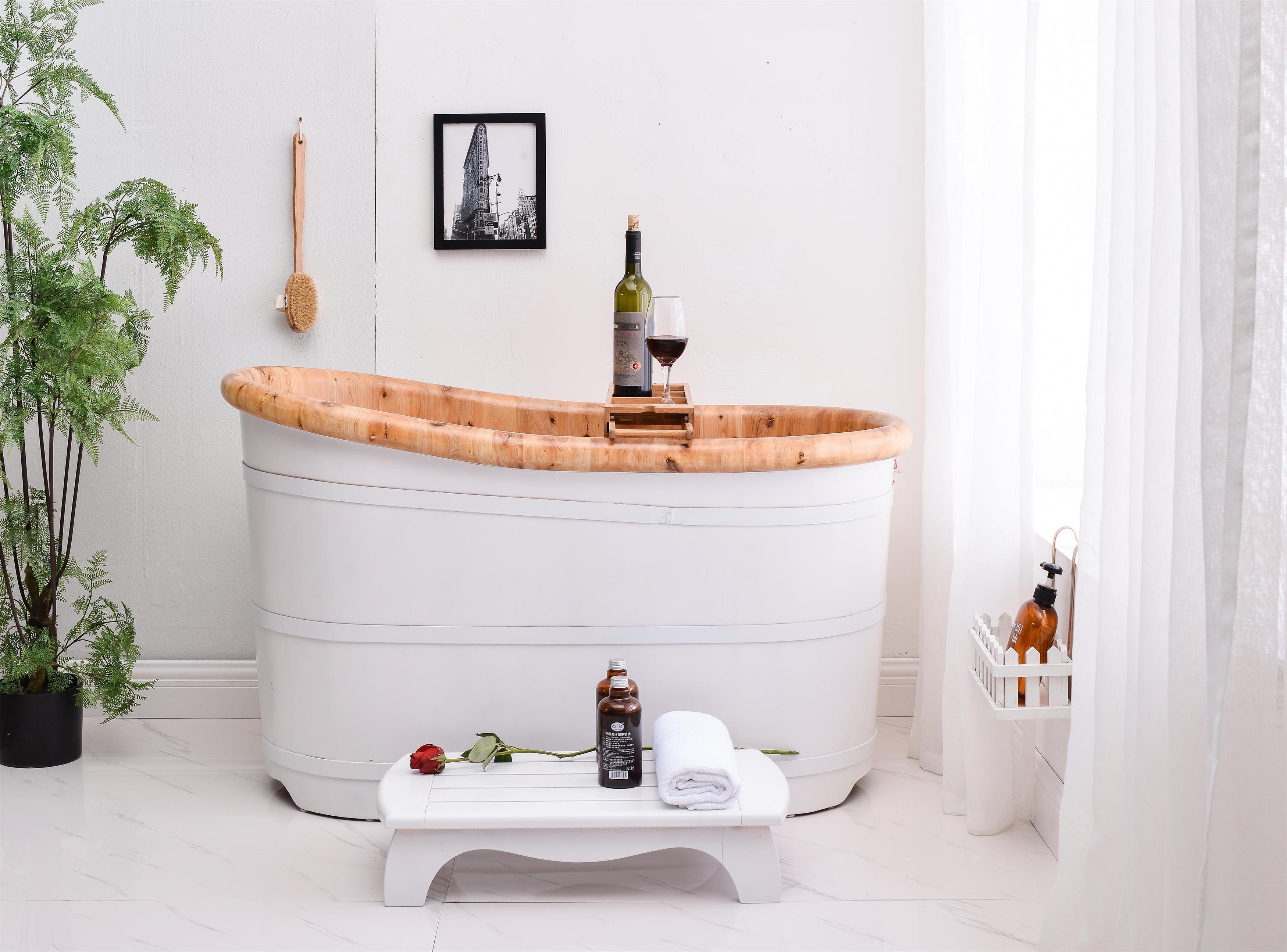 120cm elegant white hinoki bathroom bathing tub for adults freestanding soaking bathtub