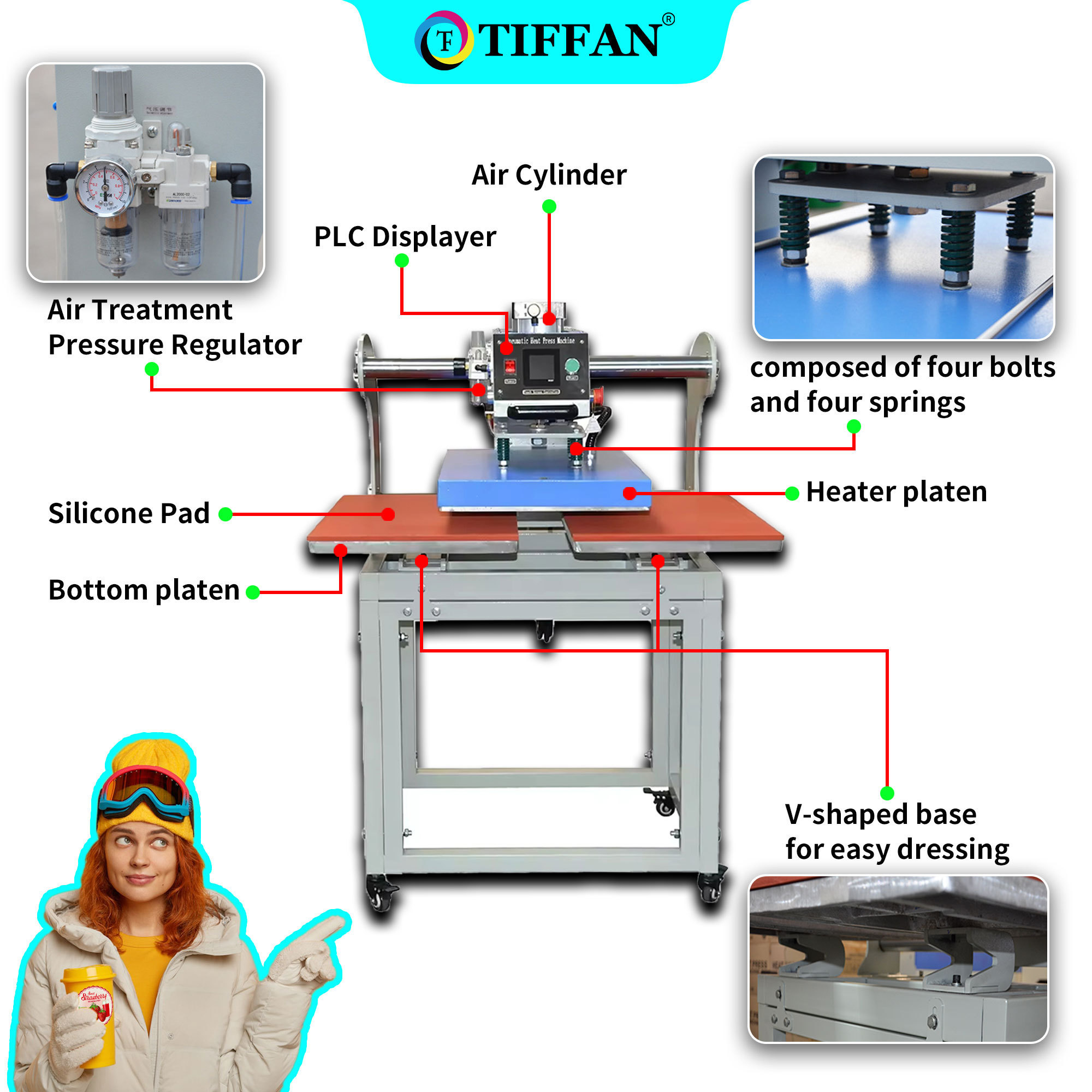 TIFFAN hat top and bottom fully automatic calandra sublimation 4 Six stations heat transfer printing 80 x 100 heat press machine