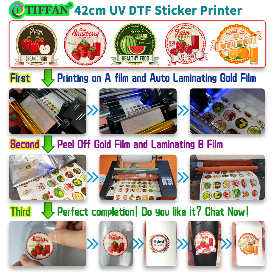 TIFFAN Large Format A2 A3 42cm UV DTF A B Film TX800 Printhead Crystal Logo Roll To Roll UV DTF Sticker Printer With Laminator