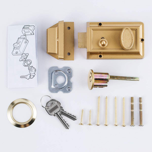 Free sample Modern design gold color brass rim gate lock metal wood doors rim lock