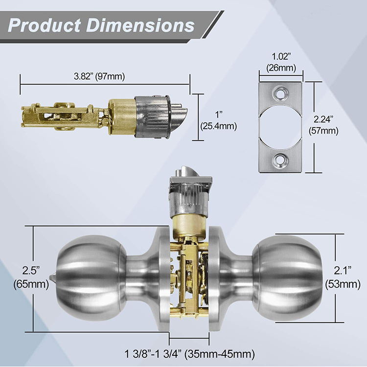 Round Entry Door Knobs With Lock And Keys Stainless Cylindrical Lock 60Mm Safety Privacy Knob Locks