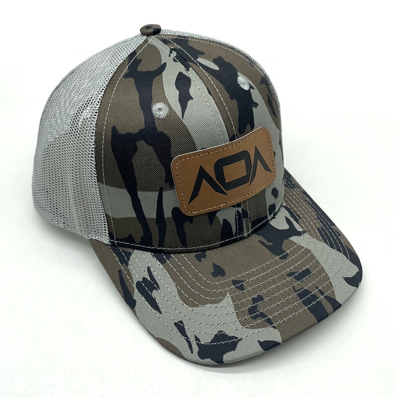 BSCI Manufacturer Custom Mens 6 Panel Camo Leather Patch Logo Gorras Mesh Snap Back Richardson 112 Trucker Cap Hat