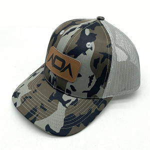 BSCI Manufacturer Custom Mens 6 Panel Camo Leather Patch Logo Gorras Mesh Snap Back Richardson 112 Trucker Cap Hat