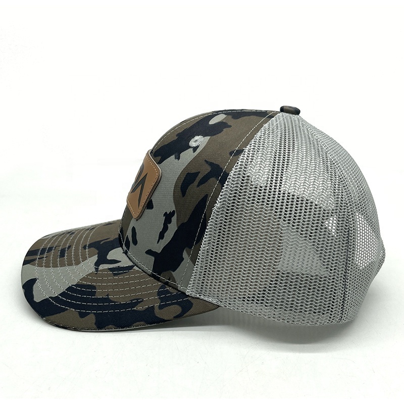 BSCI Manufacturer Custom Mens 6 Panel Camo Leather Patch Logo Gorras Mesh Snap Back Richardson 112 Trucker Cap Hat