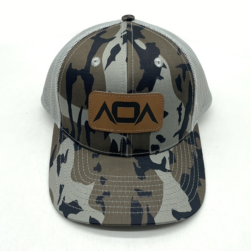 BSCI Manufacturer Custom Mens 6 Panel Camo Leather Patch Logo Gorras Mesh Snap Back Richardson 112 Trucker Cap Hat