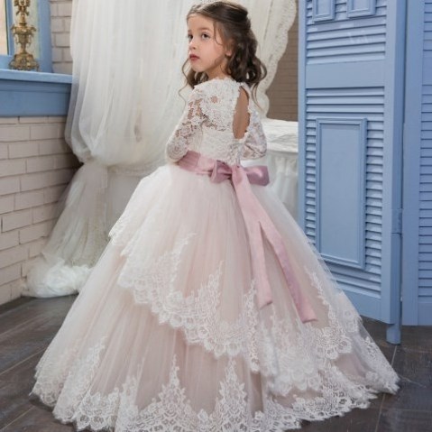 Bow lace embroidered Princess Wedding Dress Crystal belt Flower Girl Dress