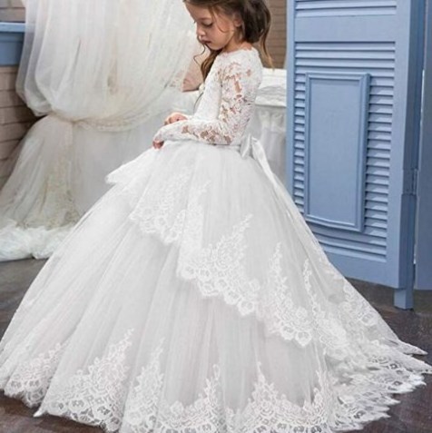 Bow lace embroidered Princess Wedding Dress Crystal belt Flower Girl Dress