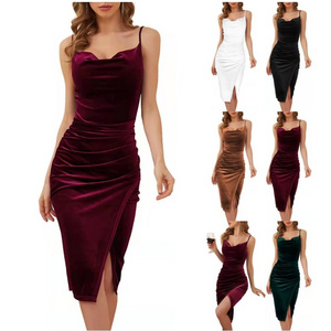 elegant slit burgundy white bridesmaid velvet slip dress feast evening party dress