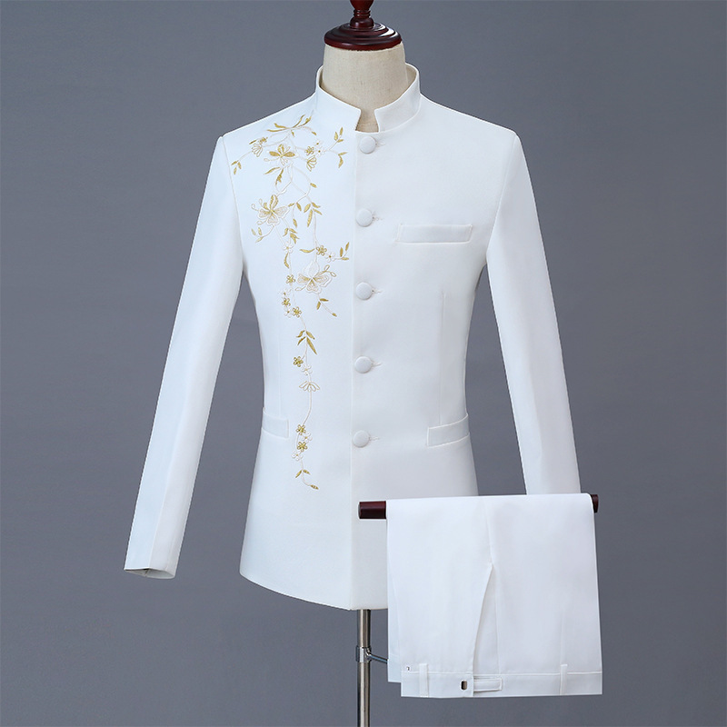 Stand-up Collar Embroidered Self-cultivation Tang Chorus Performance Clothing Male Chinese Tunic Men's Suit