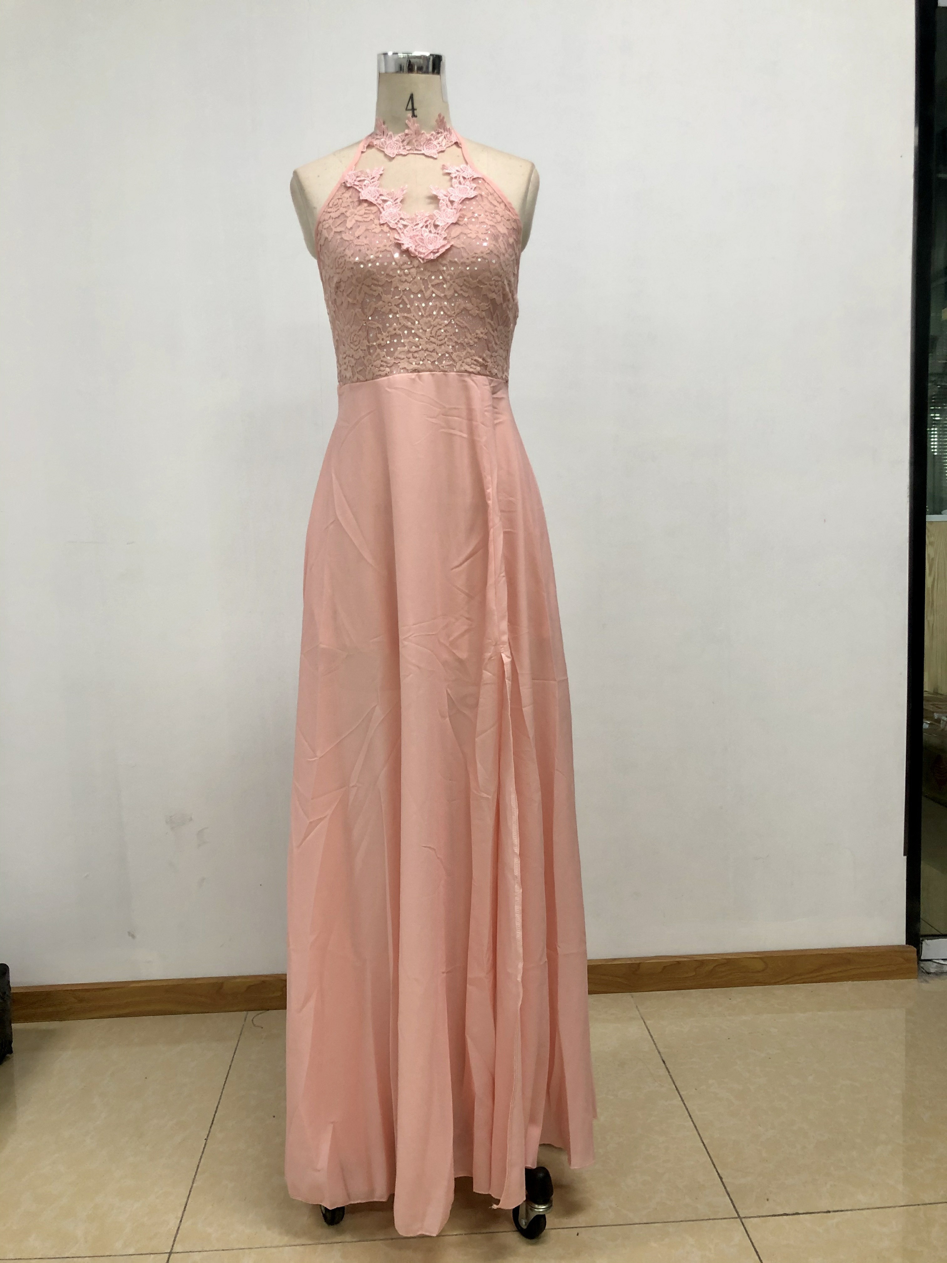 long prom dress applique halter sleeveless split chiffon girls bridesmaid dresses Slit Long Dress