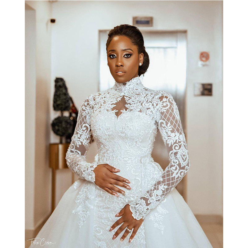 African Mermaid Wedding Dresses Bridal Gowns High Neck Long Sleeves Lace satin bride dress 2 in 1