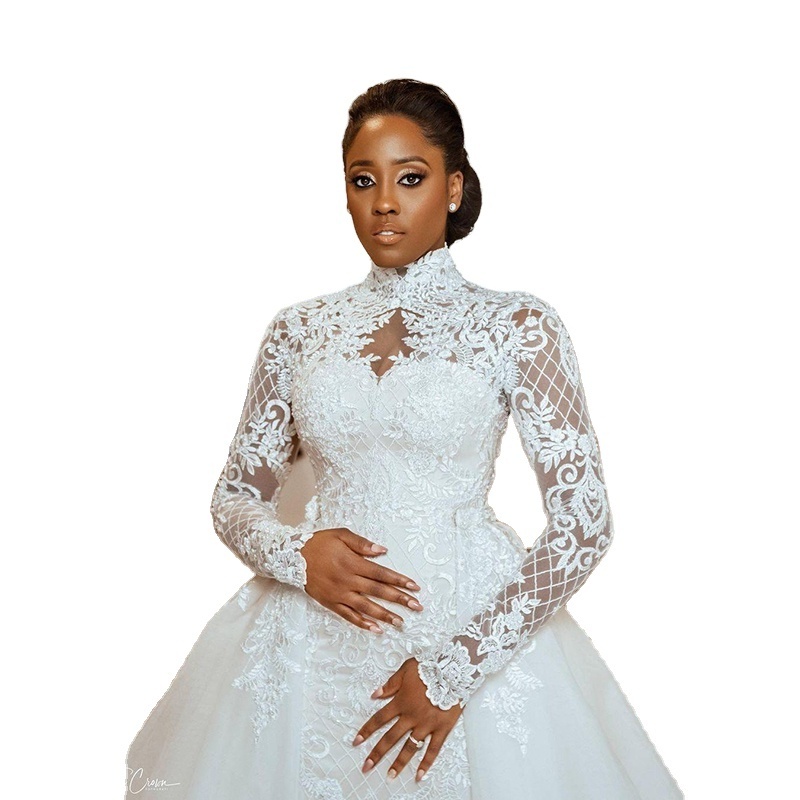 African Mermaid Wedding Dresses Bridal Gowns High Neck Long Sleeves Lace satin bride dress 2 in 1