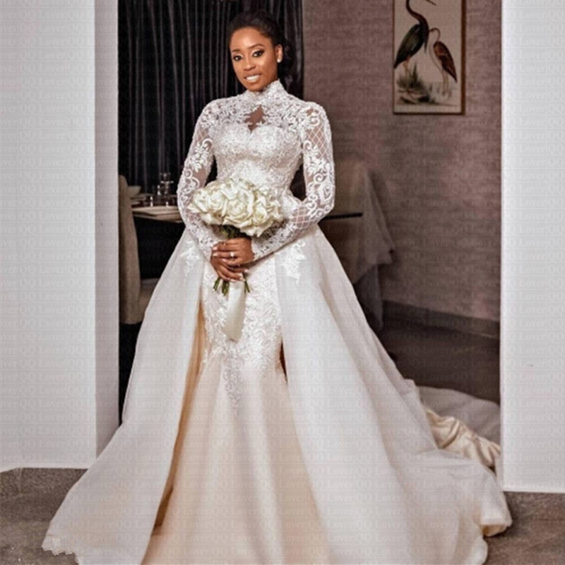 African Mermaid Wedding Dresses Bridal Gowns High Neck Long Sleeves Lace satin bride dress 2 in 1