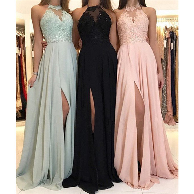 long prom dress applique halter sleeveless split chiffon girls bridesmaid dresses Slit Long Dress