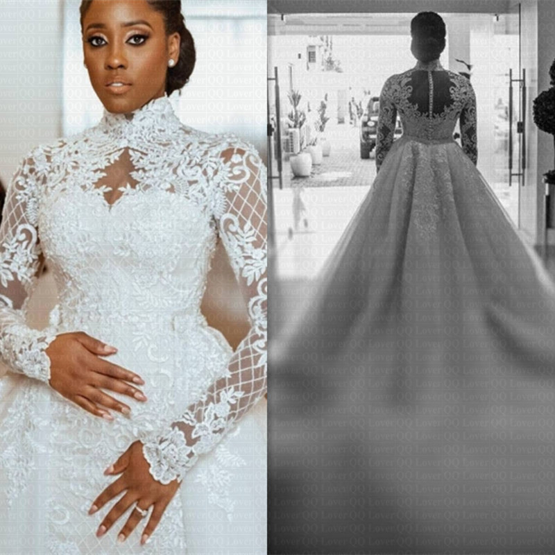 African Mermaid Wedding Dresses Bridal Gowns High Neck Long Sleeves Lace satin bride dress 2 in 1