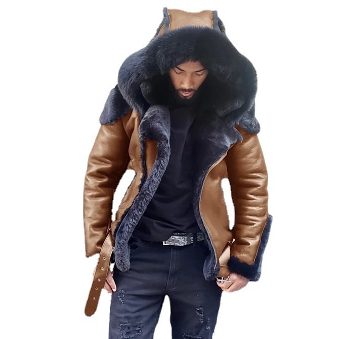 Wholesale Winter Leather Down Coat Thick Mid-Length Hooded Faux Fur Collar Fox Fur Coat Men Plus Size Fur Coat