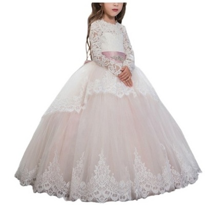 Bow lace embroidered Princess Wedding Dress Crystal belt Flower Girl Dress