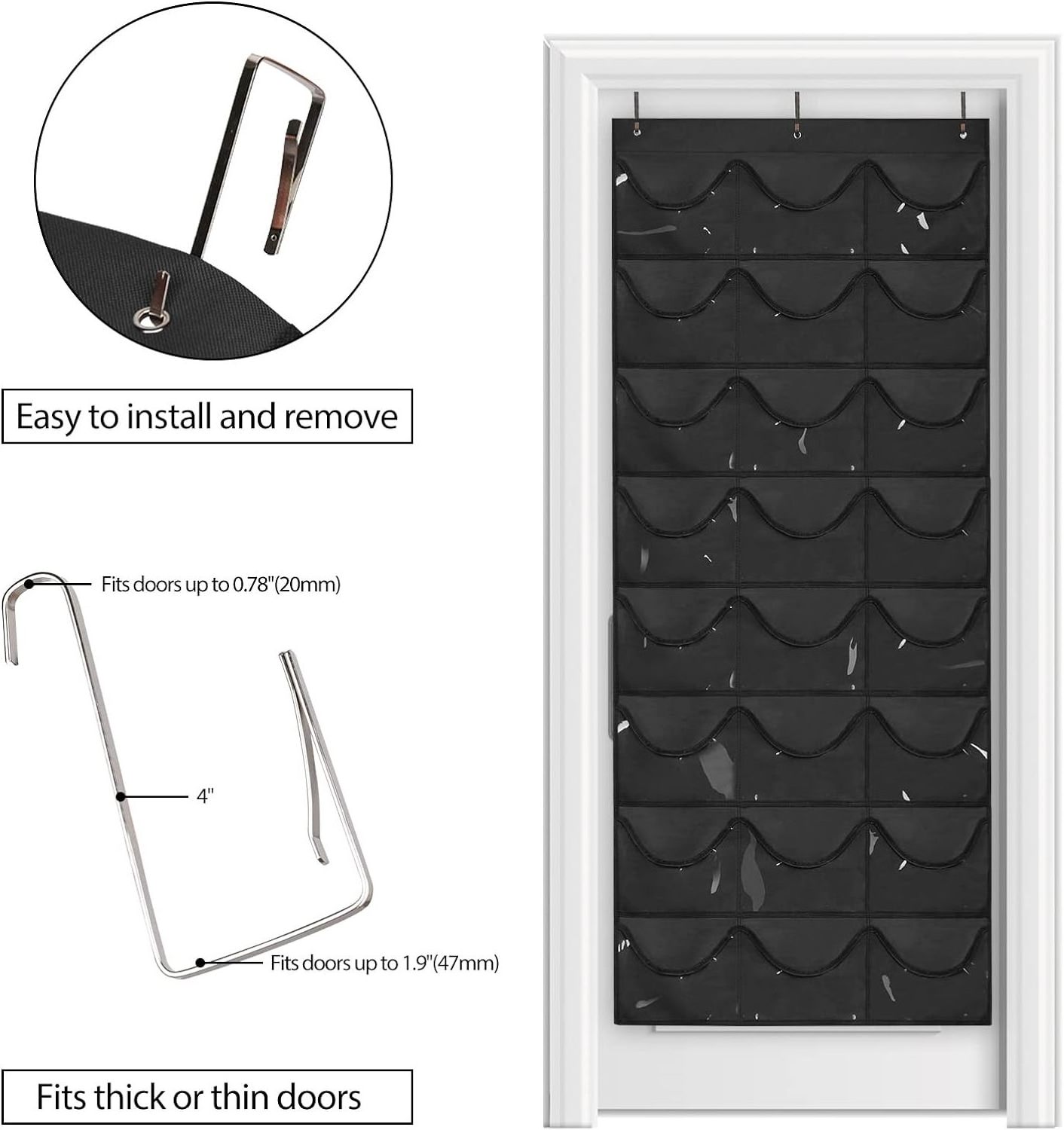 Hat Organizer Racks for Baseball Caps, Visible Hat Holder Rack for Wall Door with 3 Hooks, 24 Deep Pockets