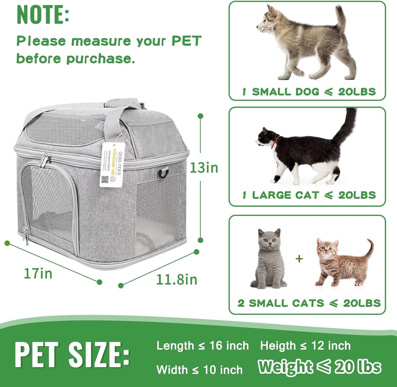 Cat Carrier for 2 Cats  Soft Side Pet Carrier for Cat, Small Dog, Collapsible Airline Approved Cat Carrier for Large Cats 20 lbs