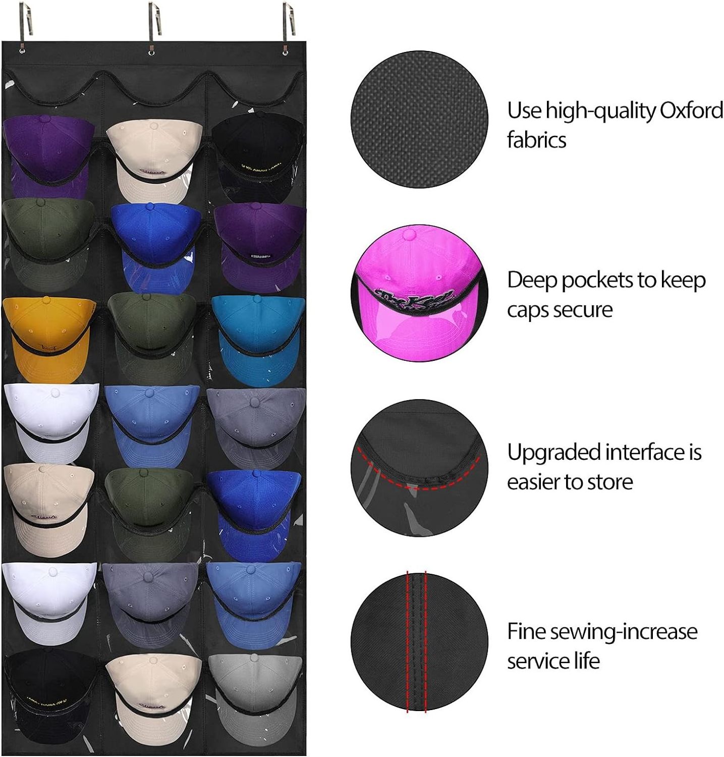 Hat Organizer Racks for Baseball Caps, Visible Hat Holder Rack for Wall Door with 3 Hooks, 24 Deep Pockets