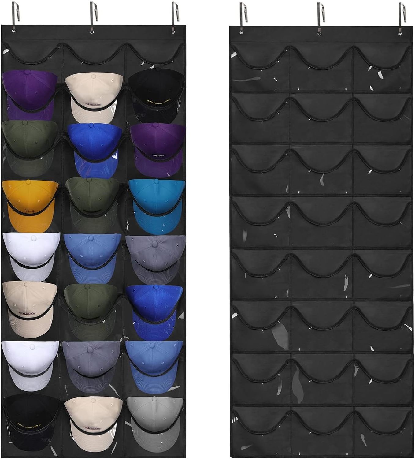 Hat Organizer Racks for Baseball Caps, Visible Hat Holder Rack for Wall Door with 3 Hooks, 24 Deep Pockets