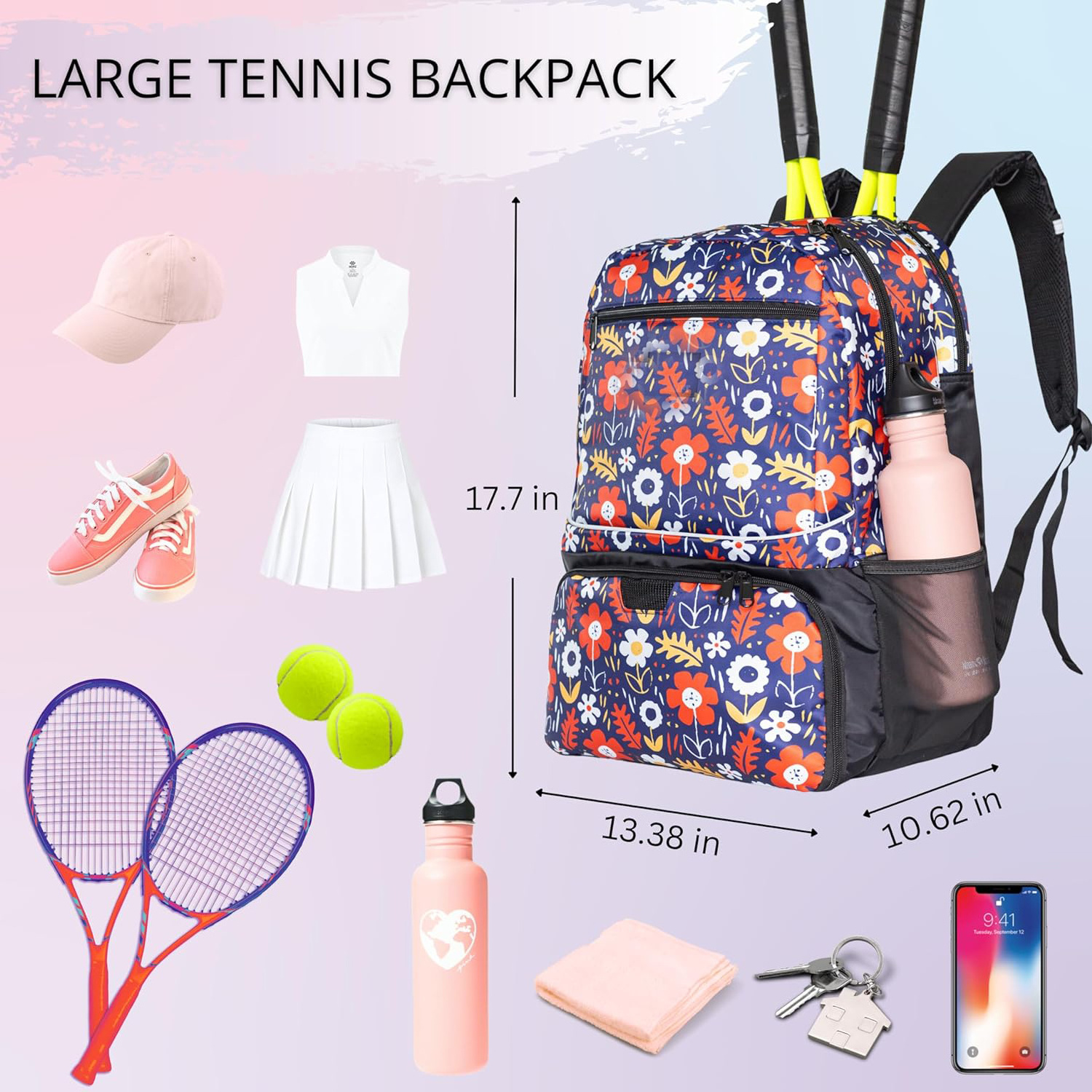 Racquetball & Tennis Racket Bag - Badminton & Pickleball Backpack   Tennis Balls | Ventilated Shoe Compartment Waterproof Bag