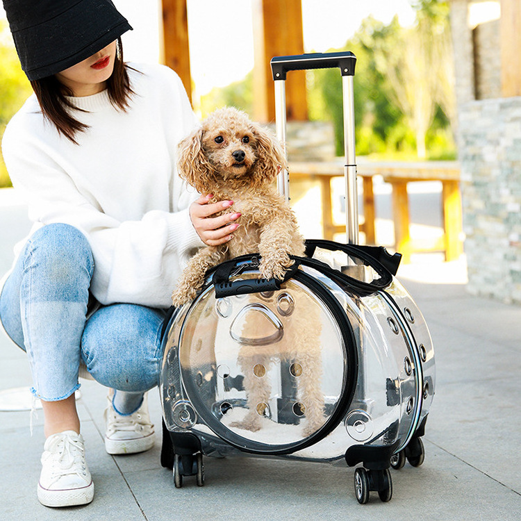 Wholesale Portable Acrylic Wheeled Rolling Trolley Carrier Pet Dog Trolley Backpack Pet Cat Dog Carrier Travel Transparent Case