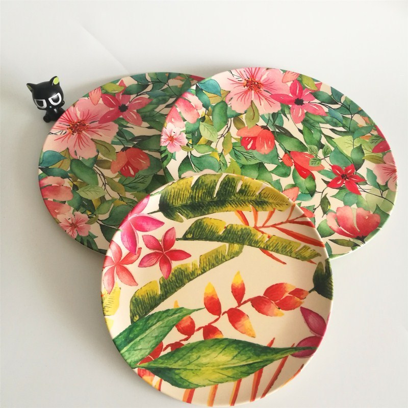 Wholesale custom round reusable eco friendly bamboo fiber plastic dinner plate dishes